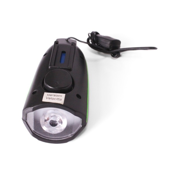 Фара велосипедная KMS, передняя, с сигналом, USB, CREE LED, 250lm/140db, 3 функции, влагозащита, комплект батареек, зеленый