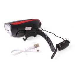 Фара велосипедная KMS, передняя, с выносным сигналом, USB, CREE LED, 250lm/140db, 3 функции, аккумулятор, комплект батареек, красный