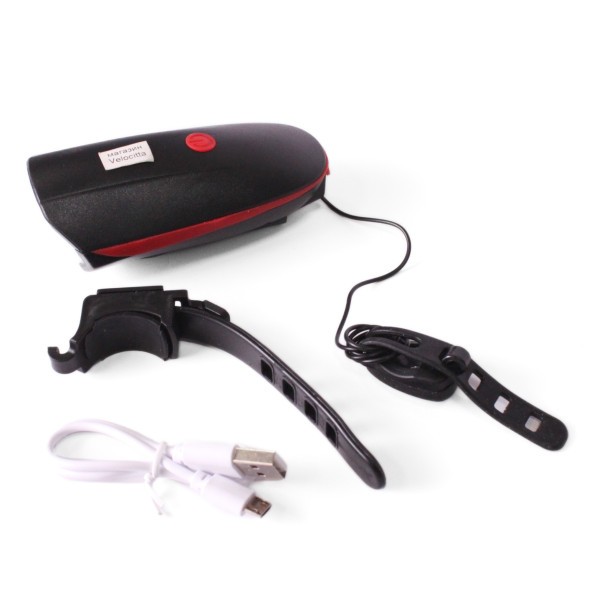 Фара велосипедная KMS, передняя, с выносным сигналом, USB, CREE LED, 250lm/140db, 3 функции, аккумулятор, комплект батареек, красный