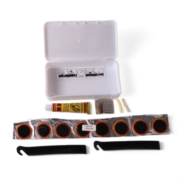 Ремкомплект Reumofands, набор: 8 латок+клей+метал. шкурка для зачистки камеры+2 монтировки, пластиковая коробочка