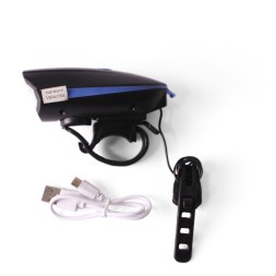 Фара велосипедная KMS, передняя, с сигналом, USB, CREE LED, 250lm/140db, 3 функции, влагозащитный, с батарейками, синий