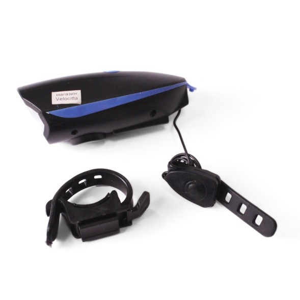 Фара велосипедная KMS, передняя, с сигналом, USB, CREE LED, 250lm/140db, 3 функции, влагозащитный, с батарейками, синий