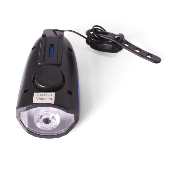 Фара велосипедная KMS, передняя, с сигналом, USB, CREE LED, 250lm/140db, 3 функции, влагозащитный, с батарейками, синий