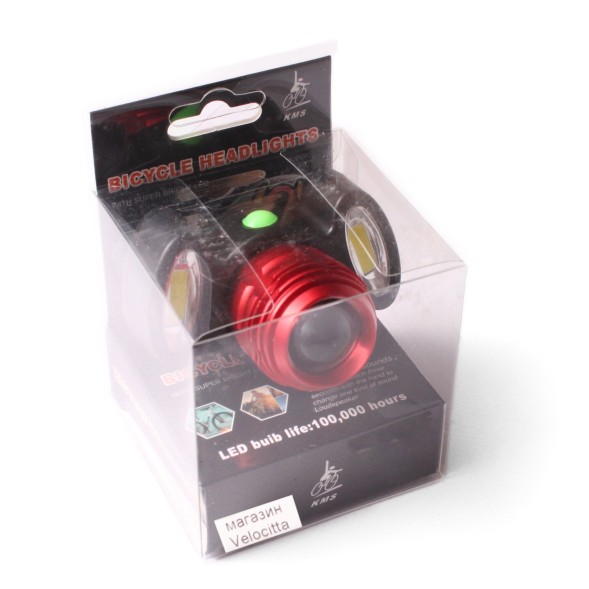 Фара велосипедная KMS &amp;quot;чебурашка&amp;quot;, передняя, AL, регулируемый фокус (супер яркий свет), проблеск. маячки с диодн. лентой, встр. аккумулятор, USB кабель