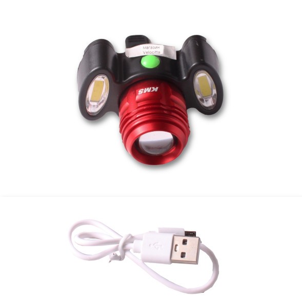 Фара велосипедная KMS &amp;quot;чебурашка&amp;quot;, передняя, AL, регулируемый фокус (супер яркий свет), проблеск. маячки с диодн. лентой, встр. аккумулятор, USB кабель