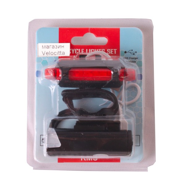 Комплект фонарей для велосипеда KMS, передний+задний, 1/1 LED, 50 Lum. 3/4 реж, АКБ, чёрный