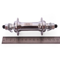Втулка передняя 16 F, ось 3/8"х100x140 мм, стальная, под V-брейк, на гайках, 36 отверстий, хромированная