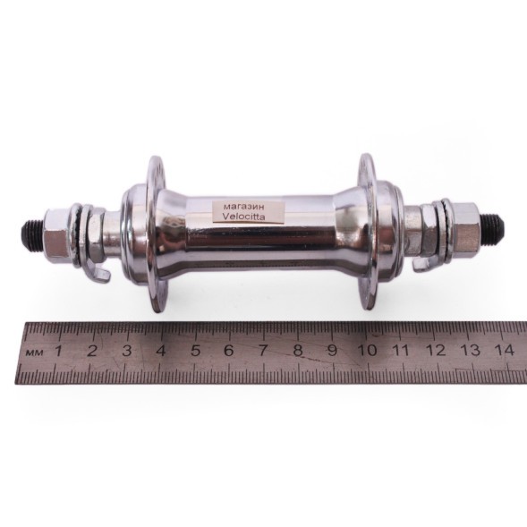 Втулка передняя 16 F, ось 3/8&amp;quot;х100x140 мм, стальная, под V-брейк, на гайках, 36 отверстий, хромированная