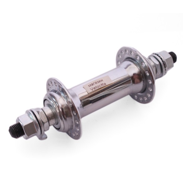 Втулка передняя 16 F, ось 3/8&amp;quot;х100x140 мм, стальная, под V-брейк, на гайках, 36 отверстий, хромированная