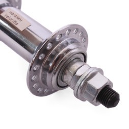 Втулка передняя 16 F, ось 3/8"х100x140 мм, стальная, под V-брейк, на гайках, 36 отверстий, хромированная