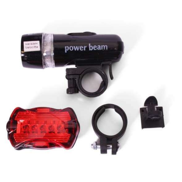 Комплект освещения велосипедный Power Beam WJ-101, 5 LED, передняя + стоп задний красный, блистер