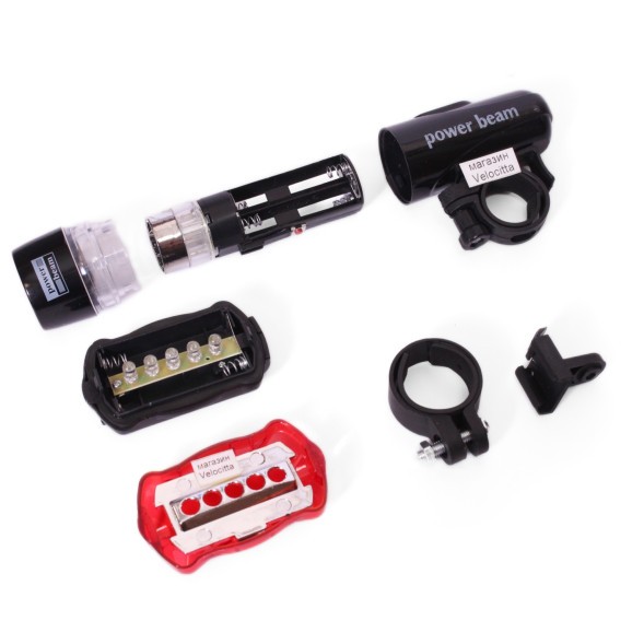Комплект освещения велосипедный Power Beam WJ-101, 5 LED, передняя + стоп задний красный, блистер