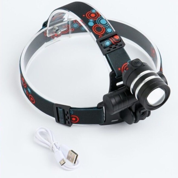 Фара передняя, с креплением на руль, 2 COB LED, фонарь налобный, USB кабель, аккумулятор 1200 mAh, настраиваемый ZOOM, черный