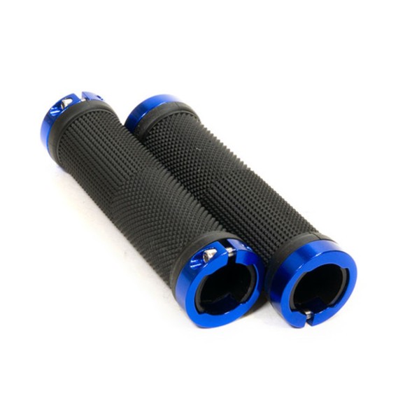 Грипсы велосипедные Hualong HL-G201-Black-Blue, 130 мм, резиновые, алюминиевые фиксаторы, с заглушками руля, б/уп.