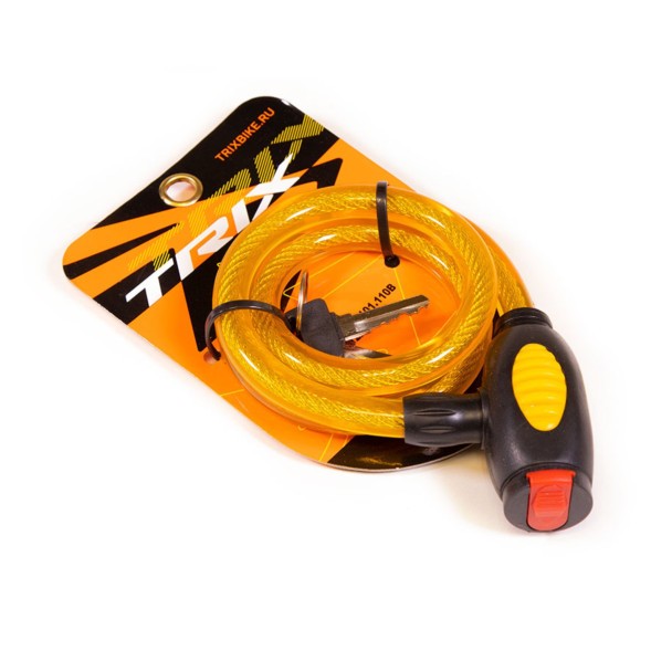 Замок противоугонный Trix GK101.110B-YELLOW, трос стальной, с ключами, 12×800 мм, в пластиковой оболочке, желтый