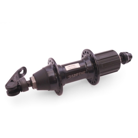 Втулка задняя Shunfeng SF-A231R black, ось 3/8&amp;quot;х135x145 мм, алюмин., под V-br, под кассету 8/10 скоростей, с эксцентриком, 36H, торг. уп.