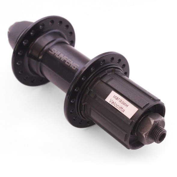 Втулка задняя Shunfeng SF-A231R black, ось 3/8&amp;quot;х135x145 мм, алюмин., под V-br, под кассету 8/10 скоростей, с эксцентриком, 36H, торг. уп.